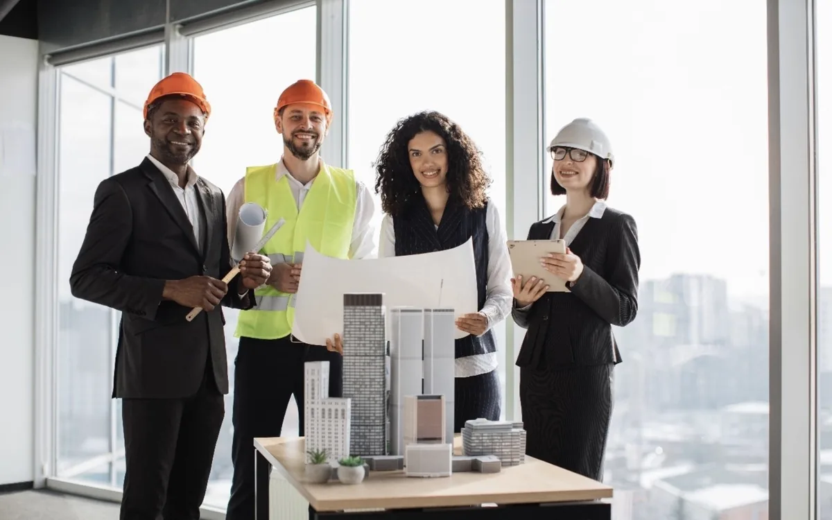 A development team reviewing plans around a project model